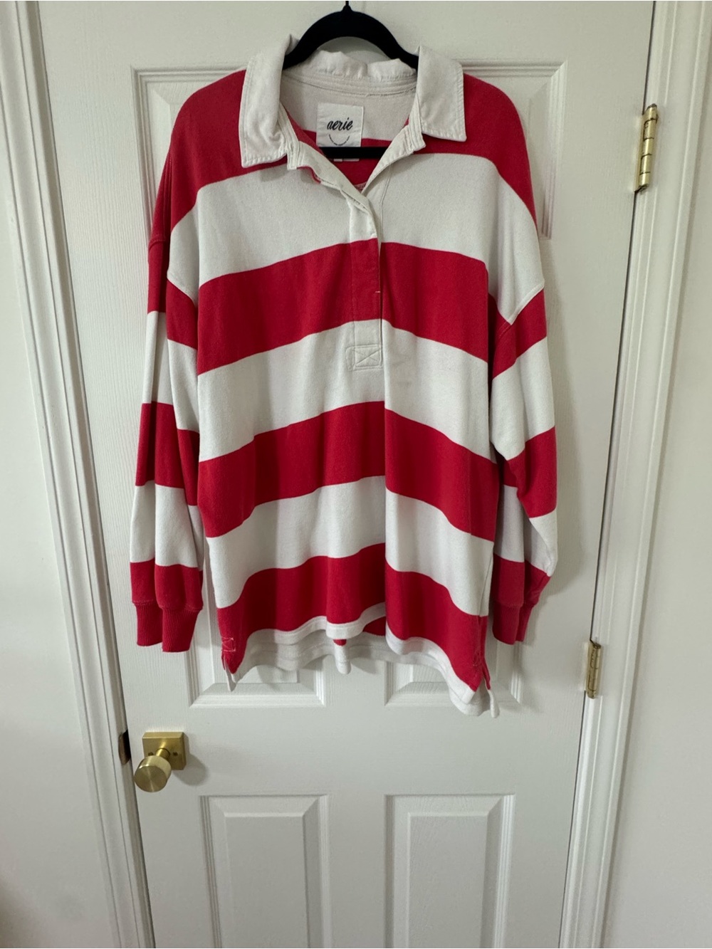 aerie Coral and White Striped Rugby Sweatshirt